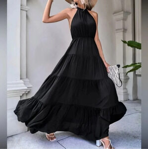 Boho black open back ruffle hem halter maxi dress